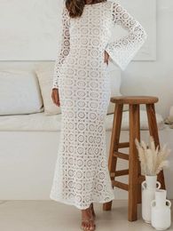 Casual Dresses White Long Women Sexy Hollow Out Knitted Dress Ladies Flare Sleeve Backless Floral Crochet Female Lace Up Vestidos