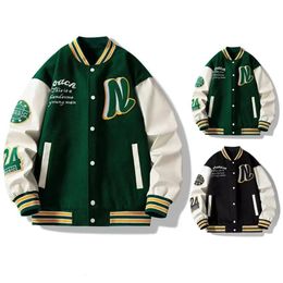 Men Baseball Jacket Mens Stand Collar Striped Letter Pattern Cardigan Baseball Coat with Pockets Loose Long Sleeve Thick 240420