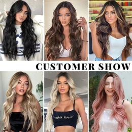 Nature Long Ombre Blonde Wavy Wig Wigs 120%density for Women 28 Inch Middle Part Curly Wavy Wig Natural Looking Synthetic Heat Resistant Fiber Wig