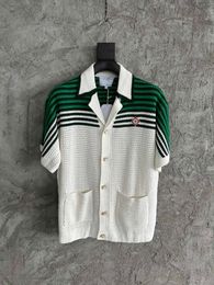 2024 Custom Green and White High-Density Crochet Knit Cotton Sweater Shirt with Pearl Buttons and Elastic Waist Shorts
