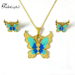 Necklace Earrings Set FairLadyHood Cute Butterfly & Stainless Steel Women Jewellery Gold Colour Accessories For