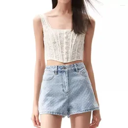 Women's Tanks 2024 Summer Women Lace Crochet Vest Strapless Single Breasted Sleeveless Female Tank Tops