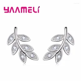 Stud Earrings Trendy Real 925 Sterling Silver Sweet Feather Leaves Design Austrian Crystal Paved Women Girl Gfit Jewerly