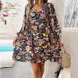 Casual Dresses Spring Vintage Pattern Print Mini Dress Women Sexy V Neck Button Pleated Party Autumn Long Sleeve Loose Office Lady