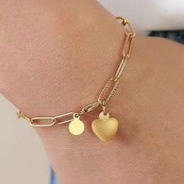 Link Chain Golden Paperclip Bracelet Womens Stainless Steel Rectangle Girlfriend Mom Gift Heart PendantLink 261l