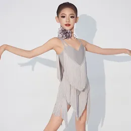 Stage Wear Summer Latin Dance Dress Grey Tassel Slip Girls Dancing Competition Costume Cha Practise Suit VDL194