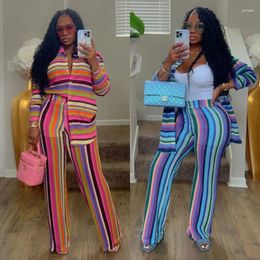 Women's Two Piece Pants Colorful Striped Print Women Fashion Set Long Sleeve Shirts Tops High Waist Wide Leg Casual Streetwear Suits