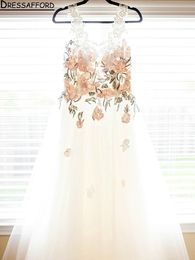 Romantic Illusion Floral Appliques Lace A-Line Wedding Dresses Sleeveless Open Back Bridal Gowns Vestidos De Novia