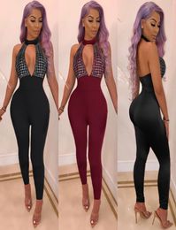 Women Sexy Club Suituits Rompers Plaid Rhinestone Bodysuits Halter Hollow Deep V Mesh Patchwork Skinny Cocktail Party Catsuits7219811