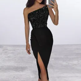 Casual Dresses Women Sleeveless Side Split Hem Irregular Evening Dress One Shoulder Draped Hip Wrap Sequined Stitching Party Midi