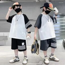 Clothing Sets Summer Casual Boys Cotton Contrast Striped T-Shirt Tops Short Pant School Kids Tracksuit Child 2PCS Jogging Outfit 5-16 Yrs