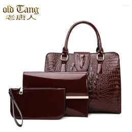 Shoulder Bags 3 Sets Fashion Patent Leather Tote Bag Luxury Crocodile Pattern For Women 2024 Designer Brand Crossbody Handbags