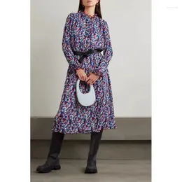 Casual Dresses Women Early Spring Style Pleated Printed Georgette Mid-length Long-sleeved Floral Dress