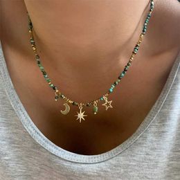 Pendant Necklaces 2024 Simple Colourful Bead Metal Chain Necklace Suitable for Womens Sun and Moon Lights Luxury Bead Sweater Chain Gift Jewellery Q240430