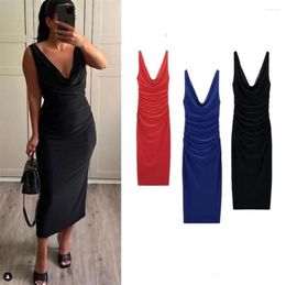 Casual Dresses Women Strap V Neck Pleated Midi Dress Sexy Solid Backless Robes Vestidos 2024 Summer Chic Female Party Evening