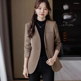 Women's Suits Grey Casual Collarless Blazers Women Spring Autumn Jackets 2024 Single Button Long Sleeved Vintage Blazer Office Lady