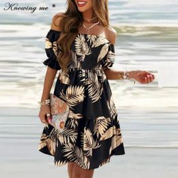 Party Dresses Leaf Printed Beach Dress Women Summer Puff Sleeve Slash Neck Mini Elegant Sexy Off Shoulder Chest Wrapping Boho