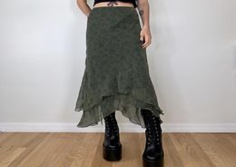 Skirts Fairycore Grunge Green Irregular Midi 2000s Retro Elegant Lady High Waist Ruffles Chiffon Skirt Women Vintage StreetwearSki5691893