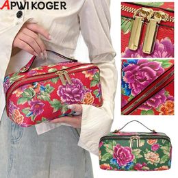 Cosmetic Bags Chinese Style Northeast Big Flower Vintage Bag Open Flat Makeup Organiser Storage Case For Women