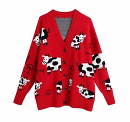 Women Knit Cardigan Cow pattern Long Sleeves Chic Fashion Casual Woman Oversized Knitted Sweater Tops 2107091913405