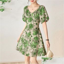 Basic Casual Dresses 0C580M09 Eveovni Womens Summer Dress High Quality Sweet Girl V-Neck Bubble Sleeve Floral Skirt Bow Knot Drop Dhtda