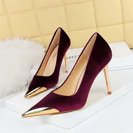 Dress Shoes Women Fashion Comfort Suede High Heels Green Burgundy Pumps Metal Cap Pointed Toe Velvet Evening Party Office Single