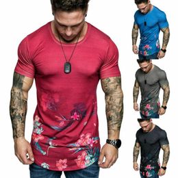 Men's T-Shirts Fashion Men O Neck Flower Print Short Sleeve Slim Fit T-Shirt Casual Tops Summer Clothes Muscle Thin Gym Sports Tee Blouse 270J