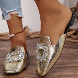 Sandals 2024 Summer Mules Crystal Slingback Dress Flip Flop Female Designer Mary Jane Square Toe Flat Shoes SandalsWomen's Slippers