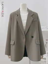 Women's Suits LANMREM Gray Office Lady Blazer Coat For Women Single Button Long Sleeves Solid Color Designer Back Split Coats 2024 32D909