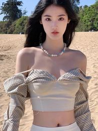 Women's Blouses Striped Women Summer Simple Off Shoulder Trendy Slim V-neck Chic Blusas Casual Clothing Streetwear Korean Style