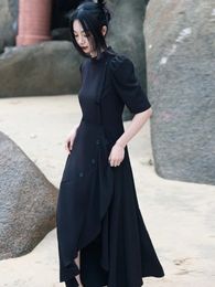 Ethnic Clothing Irregular Dress Women's Summer Ruffled Abdomen-Control Black Long Chinese Cheongsam