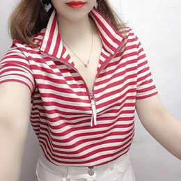 Women's Polos Polo Neck Shirt For Women Baggy Striped Woman T Red Fashion 2024 Summer In Trend Korean Clothing Polyester Style Youth Y2k
