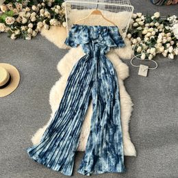 Women Jumpsuit Rompers Summer Casual Dye Off Shoulder Ruffles Laceup Sashes Wide Leg Holidays Loose Jumpsuits 240424