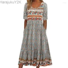 Casual Dresses Elegant Bohemian Print Women Short Sleeve Pleated Large Hem Dress Summer Holiday Female High Waist Long Gown 2024