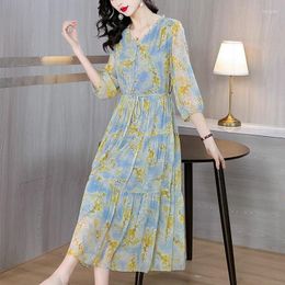 Casual Dresses Women Long Dress 2024 Fashion Three Quarter Sleeve Silk Loose Chiffon Floral Print V-Neck