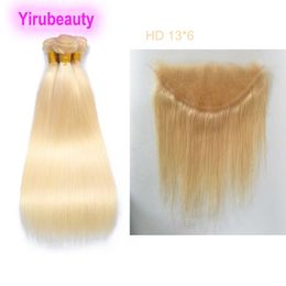 Malaysian Human Hair Extensions 613# Blonde Colour 3 Bundles With 13*6 Lace Frontal HD Silky Straight Body Wave 4 Pcs/lot