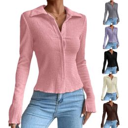 Women's Solid Color Patchwork Sleeves, Split Open Cardigan Button Top, Lapel T-shirt