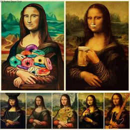 apers Interesting poster creative donut beer retro kraft paper printed Mona Lisa poster retro home bar coffee decorative art mural J240505