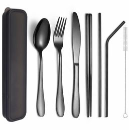 Black Tableware Set Stainless Steel Cutlery Set Portable with Box Travel Picnic Dinner Set 7 Piece Utensils Reusable EcoFriendly 22257980