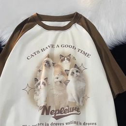 Cotton Cute Cat Graphic T-shirt Summer Fashion Loose Womens Vintage Personality Fresh Art Cavai Dress Short Sleeve Top 240428