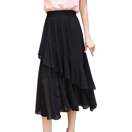 Skirts Women Plus Size Chiffon Tulle Skirt Double Layer Mesh Irregular High Waist Black Long Elastic Asymmetrical Midi L4XL