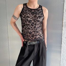 Men's Tank Tops Chic Sexy Mesh Sequins Glitter Stretch Skinny Top Summer Fashion Nightclub Stage Tight-fitting Vests For Men