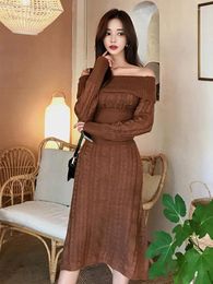 Casual Dresses Fashion Lady Knitted Solid Long A-Line Dress Women Elegant Sweater Sweet Sexy Off-Shoulder Skinny Mujer Vestidos Street