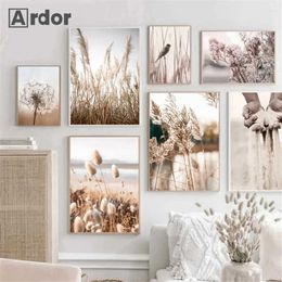 unset Coral Grass Bird Flower Plant Wall Art Canvas Poster Beach Handprint Nordic Art Painting Wall Picture Living Room Decoration J240505