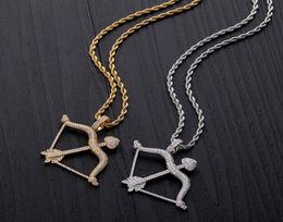 New Designed Iced Out Bow Arrow Pendant Solid Back Necklace Hip Hop Gold Silver Colour MensWomen Charm Chain Jewelry2871117