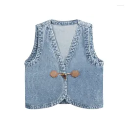 Women's Vests Light Blue Denim Waistcoat Women Spring Autumn Casual V-Neck Short Vest Jacket Sleeveless Loose Single Button Outerwear