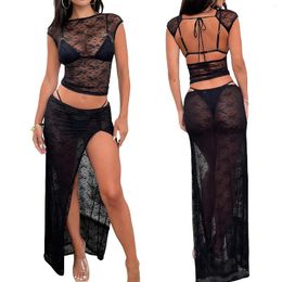 Sexy 2 Piece Outfits For Women Lace Floral Embroidery Mesh Top Sheer Dress Coquette Going Out Party Clubwear