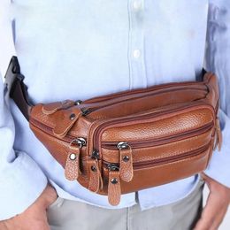 JCHENSJ Genuine Leather Mens Fanny Pack Waist Bag For Men Large Capacity Mens Belt Bag 7 Zipper Pocket Outdoor 240510