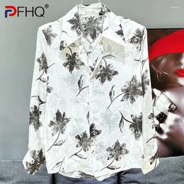 Men's Casual Shirts PFHQ Chinese Style Ink Wash Loose Long Sleeved Ice Silk Male Summer Trendy Print Art Breathable Cool Tops 21Z4511