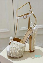 Women Pearls Platform Sandals Peep toe Diamond Wedding Party Shoes Lady Pumps6082004